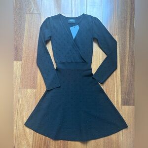 The Kooples Black Long-Sleeve Wrap Knit Dress with Subtle Studs